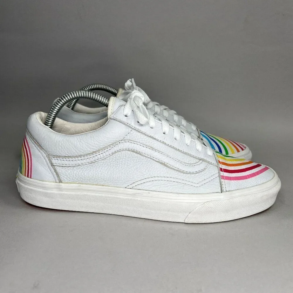 Vans Flour Shop Sneakers Women's Size 10.5 White Leather Old Skool Rainbow Shoes